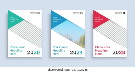 Poster cover book design template in A4 layout with space for photo background, 3 Color ways included, Use for annual report, proposal, portfolio, brochure, flyer, leaflet, catalog, magazine, booklet.