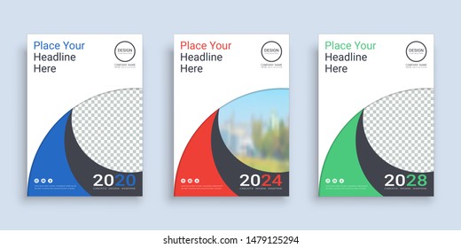 Poster cover book design template in A4 layout with space for photo background, 3 Color ways included, Use for annual report, proposal, portfolio, brochure, flyer, leaflet, catalog, magazine, booklet.