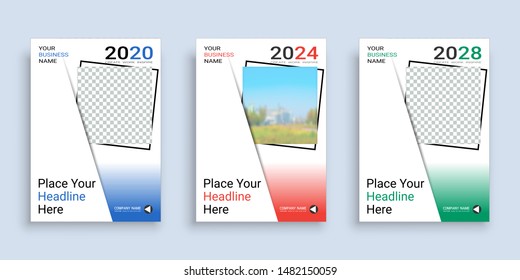 Poster cover book design template in A4 layout with space for photo background, 3 Color ways included, Use for annual report, proposal, portfolio, brochure, flyer, leaflet, catalog, magazine, booklet.