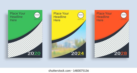 Poster cover book design template in A4 layout with space for photo background, 3 Color ways included, Use for annual report, proposal, portfolio, brochure, flyer, leaflet, catalog, magazine, booklet.