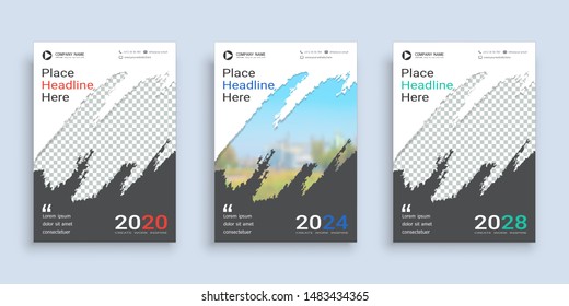 Poster cover book design template in A4 layout with space for photo background, 3 Color ways included, Use for annual report, proposal, portfolio, brochure, flyer, leaflet, catalog, magazine, booklet.