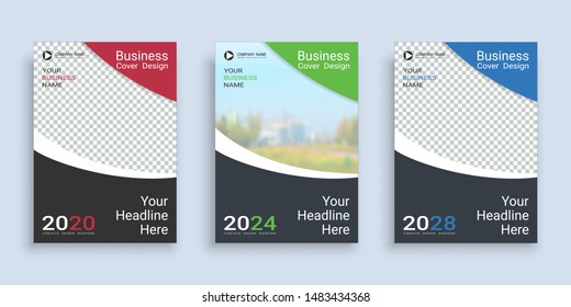 Poster cover book design template in A4 layout with space for photo background, 3 Color ways included, Use for annual report, proposal, portfolio, brochure, flyer, leaflet, catalog, magazine, booklet.