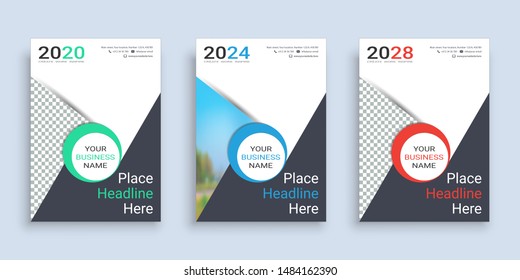 Poster cover book design template in A4 layout with space for photo background, 3 Color ways included, Use for annual report, proposal, portfolio, brochure, flyer, leaflet, catalog, magazine, booklet.