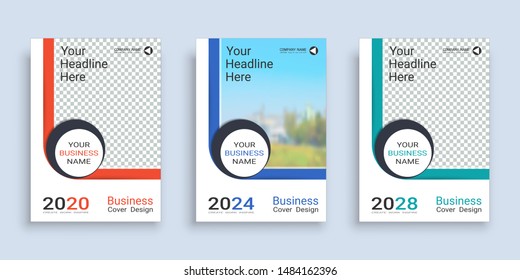 Poster cover book design template in A4 layout with space for photo background, 3 Color ways included, Use for annual report, proposal, portfolio, brochure, flyer, leaflet, catalog, magazine, booklet.