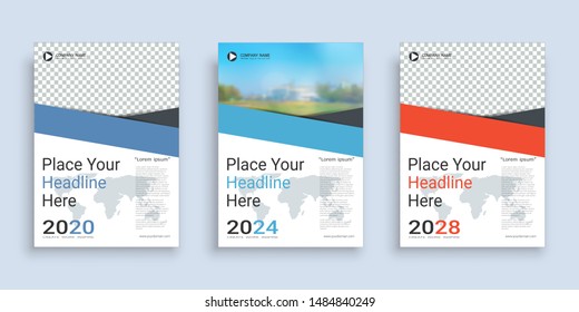 Poster cover book design template in A4 layout with space for photo background, 3 Color ways included, Use for annual report, proposal, portfolio, brochure, flyer, leaflet, catalog, magazine, booklet.