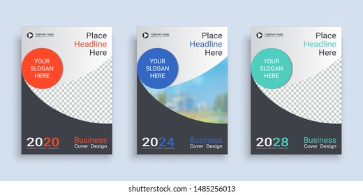 Poster cover book design template in A4 layout with space for photo background, 3 Color ways included, Use for annual report, proposal, portfolio, brochure, flyer, leaflet, catalog, magazine, booklet.