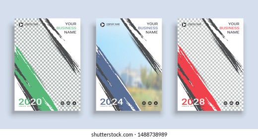 Poster cover book design template in A4 layout with space for photo background, 3 Color ways included, Use for annual report, proposal, portfolio, brochure, flyer, leaflet, catalog, magazine, booklet.