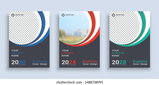 Poster cover book design template in A4 layout with space for photo background, 3 Color ways included, Use for annual report, proposal, portfolio, brochure, flyer, leaflet, catalog, magazine, booklet.