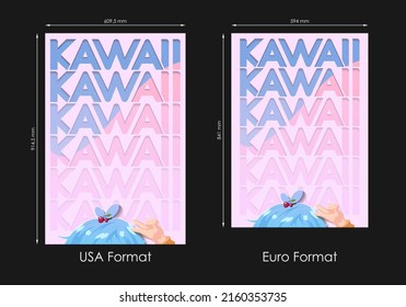 Poster Or Cover Design In Anime Style And Font Background With Famous Word, Cute, Kawaii