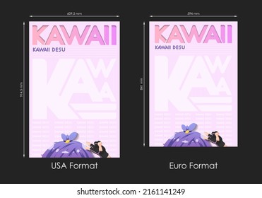 Poster Or Cover Design In Anime Style And Font Background With Famous Word, Cute, Kawaii