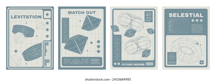 Poster and cover design layout in y2k style with grid abstract simple shape elements and typography. Vector set of retro minimal banner in 2000s aesthetic with wireframe diamond, circle and ball.