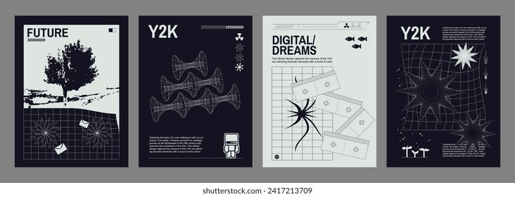 Poster and cover design layout in y2k style with grid and bitmap abstract shape and surface elements. Vector illustration set of retro minimal banner in 2000s aesthetic with wireframe ornament.