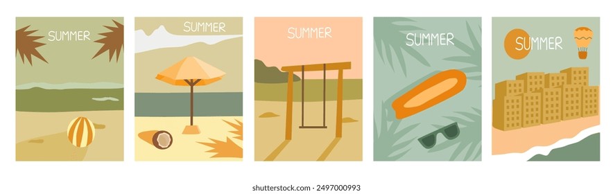 poster or cover design with a summer theme. playing ball on the beach, enjoying coconuts, playing on the swings, enjoying papaya and sea views. good for background, wallpaper, banner, or flyer.