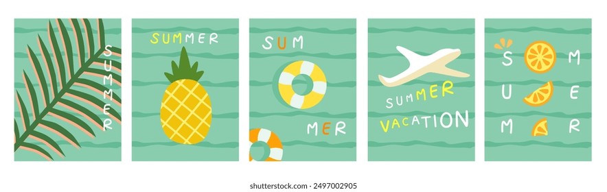 Diseño de póster o portada con tema de verano en fondo verde. Bueno para fondo, Fondo de pantalla, Anuncio o volante.