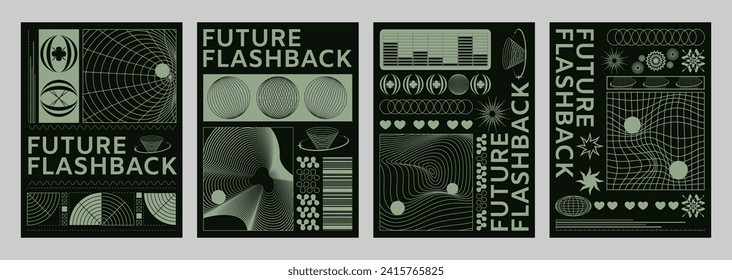 Poster and cover design template in y2k retro style with wireframe abstract simple monochrome form elements and typography. Vintage minimal banner in 2000s aesthetic with grid shapes and surface.