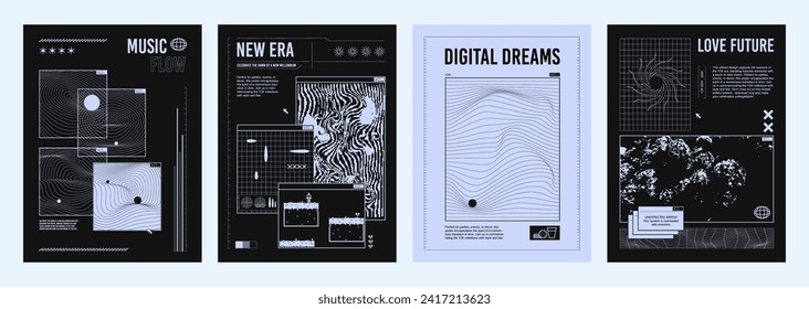 Poster or cover design in y2k aesthetic style in black and blue colors with abstract grid shapes and surfaces, pixel images and typography. Vector set of brutalism template with wireframe elements.