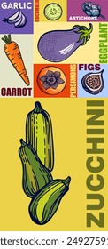 Poster (cover, postcard) of hand-drawn fruits and vegetables in pop art style. Linear drawing with color filling - a modern type of printing art for branding and advertising