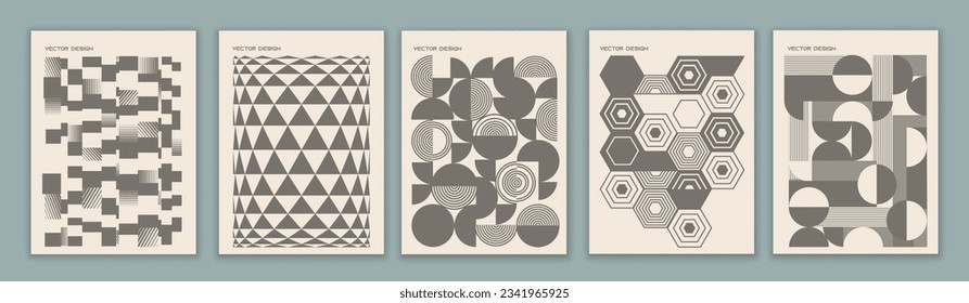 Poster cover template brochure with geometric figures of circles squares triangles hexagons and gray lines. Architecture. Backdrop in Bauhaus or Op-Art style. Editable vector background