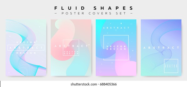 Poster Covers Set with Fluid Shapes. Modern Hipster Memphis Pattern. Minimalistic Vector Illustration for Placard, Flyer, Banner, Report, Presentation. Abstract Futuristic Design with Colorful Waves.