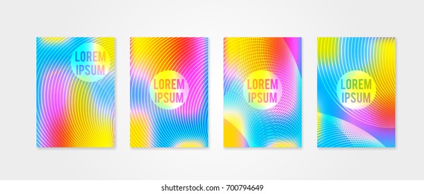 Poster covers set with sound wave shapes 3. Trendy modern hipster and memphis background colors. Vector templates for placards, banners, flyers, presentations and reports.