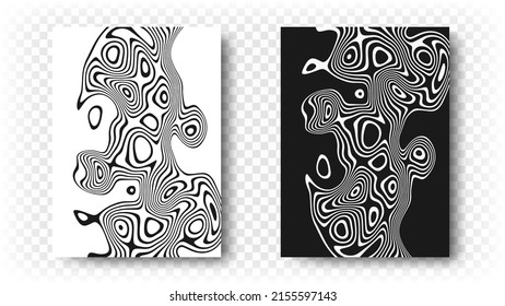 Poster covers with waves and vibrations of optical illusions. Curved black and white backgrounds. Abstract curved lines, abstract pattern.