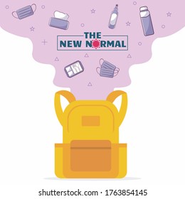 poster covid-19 prevention ready new normal  concept yellow backpack with facemask, hand sanitizer, tumbler drink, dry tissue, lunch box icon, social distancing the new normal vector illustration