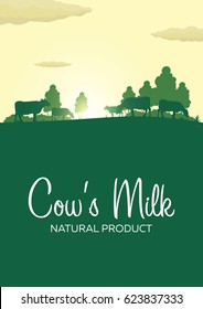 Poster Cow's Milk natural product. Rural landscape with mill and cows. Dawn in the village