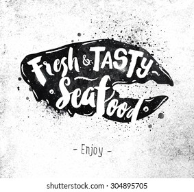 Poster crab claw lettering fresh and tasty seafood drawing black paint on dirty paper