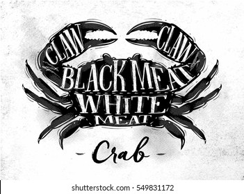 Poster crab cutting scheme lettering claw, white meat in vintage style drawing on dirty paper background