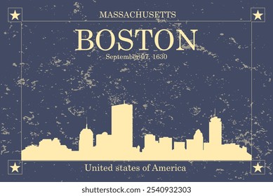 Poster of cream colored city skyline of city of Boston with blue grunge style background with inscription of the name of the city, date of establishment and US state