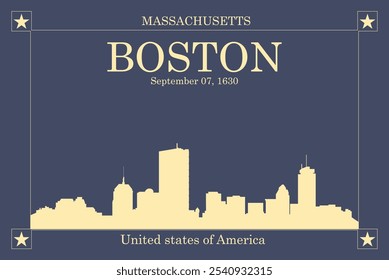 Poster of cream colored city skyline of city of Boston with blue background with inscription of the name of the city, date of establishment and US state