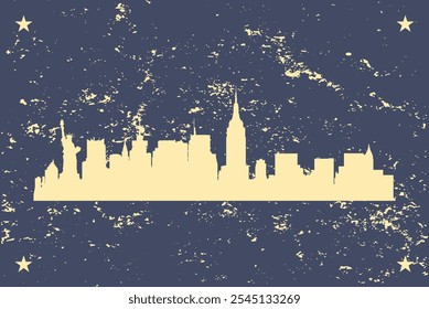 Poster of cream colored city skyline of city of New York City with blue grunge style background with stars