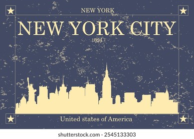 Poster of cream colored city skyline of city of New York City with blue grunge style background with inscription of the name of the city, date of establishment and US state