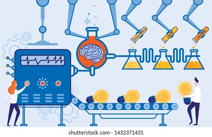Poster Creative Innovations Ideas Cartoon Flat. Production Line Delivering New Ideas from Brain. Woman Controls Conveyor, Man Collects Final Product in form Light Bulbs. Vector Illustration.