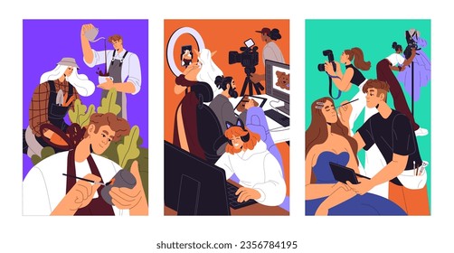 Poster with creative people of different professions. Creators work in fashion, digital, craft business, job. Art hobby: designer, ceramist, photographer, visagiste, barista. Flat vector illustration