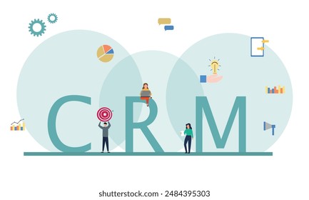 Poster of CRM, customer relationship management concept. Businessman perform data analysis. Flat cartoon style Vector illustration.