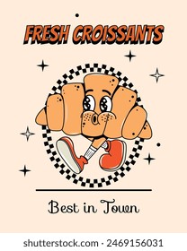 Poster with Croissant in groovy style. Food and drinks. Fast food. Y2k elements and shapes. Comic and character. Legs and hands.  Cartoon illustration. Walking. Retro sticker. Fresh and hot baked 