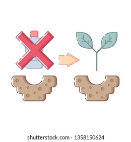 Poster with crossed plastic bottle digging in soil, yellow arrow and a plant digging in soil. White background. Flat linear style illustration. Vector.