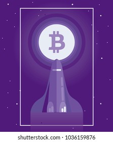 Poster for cryptocurrency, space shuttle fly to ton logotype on the moon, ultra violet color, cosmic vector illustration