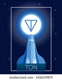 Poster for cryptocurrency, space shuttle fly to ton logotype on the moon, cosmic vector illustration