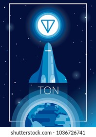 Poster for cryptocurrency, space shuttle fly from Earth to ton logotype, deep blue palette, cosmic vector illustration