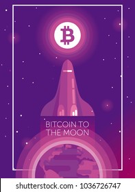 Poster for cryptocurrency, space shuttle fly from Earth to bitcoin logotype on the moon, cosmic vector illustration
