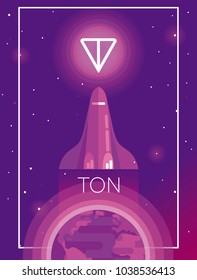 Poster for cryptocurrency, space shuttle fly from Earth to ton logotype, ultra violet, cosmic vector illustration