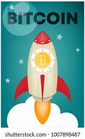 Poster of Cryptocurrency Technology - Bitcoin Exchange, Bitcoin Mining, Mobile Wallet. Rocket Launch. Vector Illustration.