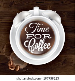 Poster cup alarm clock lettering time for coffee on wood background.