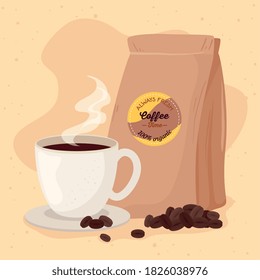 poster with cup and bag of coffee organic vector illustration design