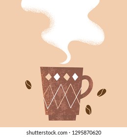 The poster with the cup of coffee and funny text. Hand drawn vector illustration. 