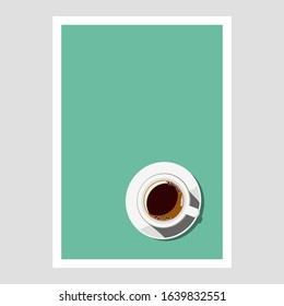 Poster with a cup on a plate and coffee break text. Design concept. A cup of hot latte or cappuccino coffee. Vector illustration