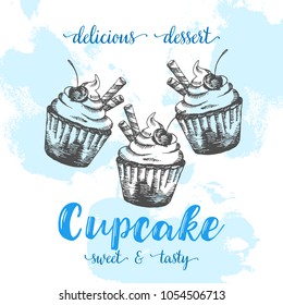 Poster with cupcake. Set of hand drawn cakes. Vector illustration with sketch baking. Fresh and tasty food. Cafe menu.