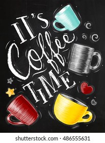 Poster with cups lettering coffee is my best friend drawing on chalkboard background